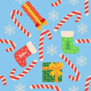Christmas seamless pattern with candy cane, gift, stocking, bullfinch bird. C Stock Illustration