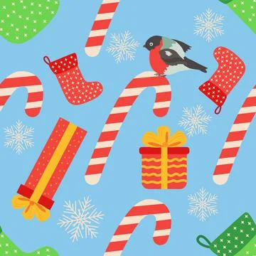 Christmas seamless pattern with candy cane, gift, stocking, bullfinch bird. C Stock Illustration