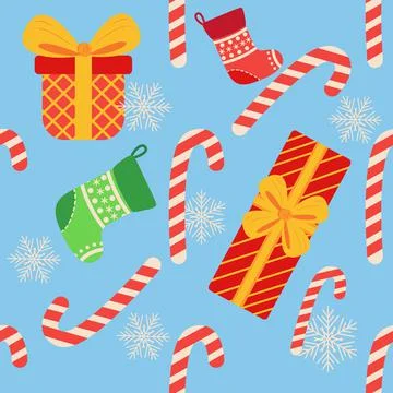 Christmas seamless pattern with candy cane, gift, stocking, bullfinch bird. C Stock Illustration