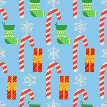 Christmas seamless pattern with candy cane, gift, stocking, bullfinch bird. C Stock Illustration