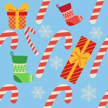 Christmas seamless pattern with candy cane, gift, stocking, bullfinch bird. C Illustrazione stock