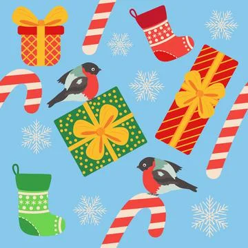 Christmas seamless pattern with candy cane, gift, stocking, bullfinch bird. C Stock Illustration
