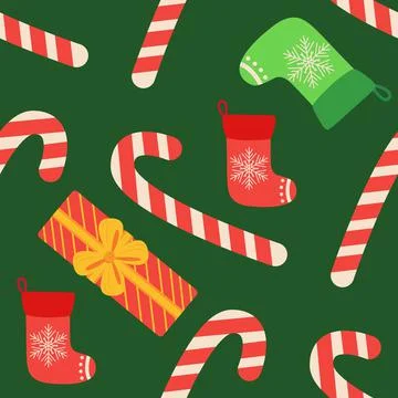 Christmas seamless pattern with candy cane, gift, stocking, bullfinch bird. C Stock Illustration