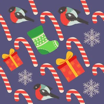 Christmas seamless pattern with candy cane, gift, stocking, bullfinch bird. C Stock Illustration
