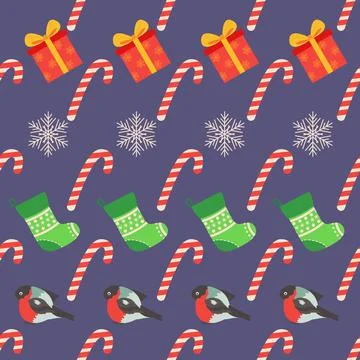 Christmas seamless pattern with candy cane, gift, stocking, bullfinch bird. C Stock Illustration