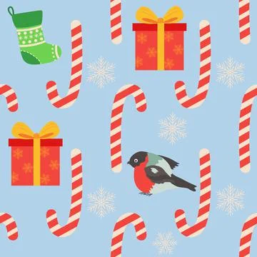 Christmas seamless pattern with candy cane, gift, stocking, bullfinch bird. C Stock Illustration