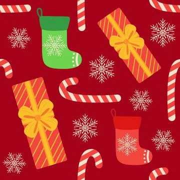 Christmas seamless pattern with candy cane, gift, stocking, bullfinch bird. C Stock Illustration