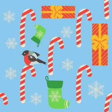 Christmas seamless pattern with candy cane, gift, stocking, bullfinch bird. C Stock Illustration