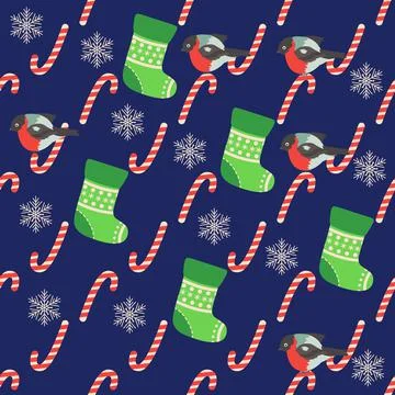 Christmas seamless pattern with candy cane, gift, stocking, bullfinch bird. C Stock Illustration