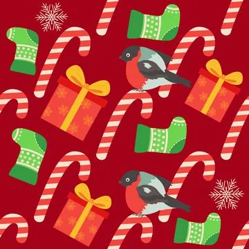 Christmas seamless pattern with candy cane, gift, stocking, bullfinch bird. C Stock Illustration