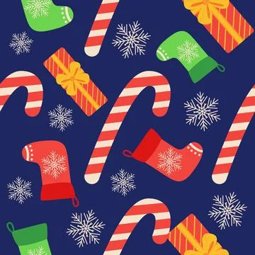 Christmas seamless pattern with candy cane, gift, stocking, bullfinch bird. C Stock Illustration