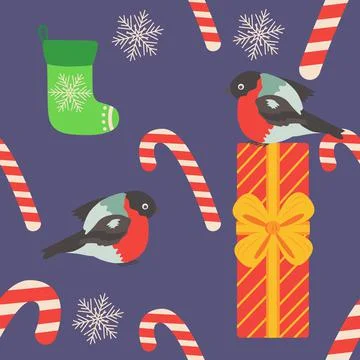 Christmas seamless pattern with candy cane, gift, stocking, bullfinch bird. C Stock Illustration