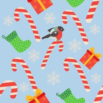 Christmas seamless pattern with candy cane, gift, stocking, bullfinch bird. C Illustrazione stock