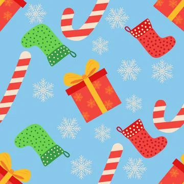 Christmas seamless pattern with candy cane, gift, stocking, bullfinch bird. C Stock Illustration