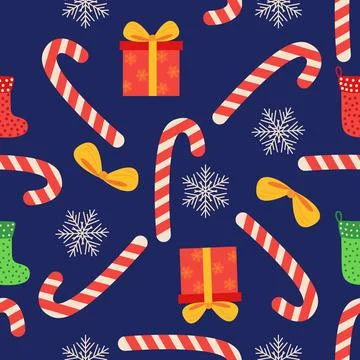 Christmas seamless pattern with candy cane, gift, stocking, bullfinch bird. C Illustrazione stock