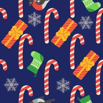 Christmas seamless pattern with candy cane, gift, stocking, bullfinch bird. C Stock Illustration