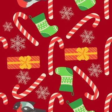Christmas seamless pattern with candy cane, gift, stocking, bullfinch bird. C Stock Illustration