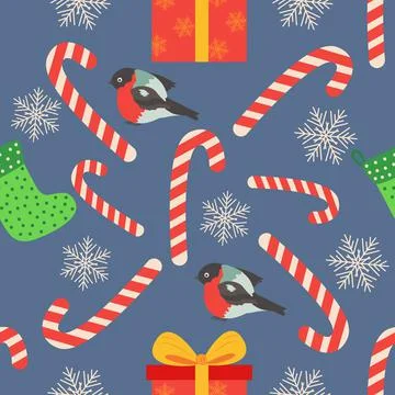Christmas seamless pattern with candy cane, gift, stocking, bullfinch bird. C Stock Illustration