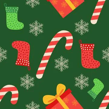 Christmas seamless pattern with candy cane, gift, stocking, bullfinch bird. C Stock Illustration