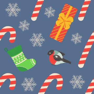 Christmas seamless pattern with candy cane, gift, stocking, bullfinch bird. C Stock Illustration