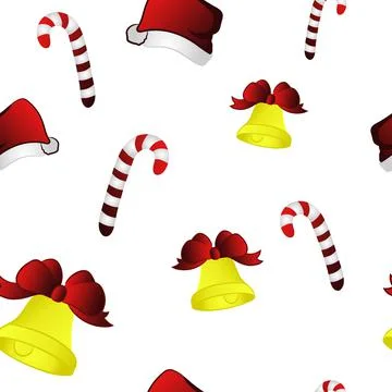 Christmas seamless pattern. Candy cane, bow bell and Santa Claus hat. Stock Illustration