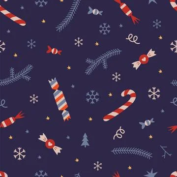 Christmas seamless pattern with candy cane, sweets and snowflakes on a dark.. Stock Illustration