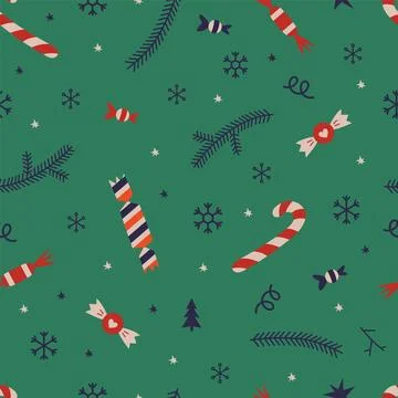 Christmas seamless pattern with candy cane, sweets and snowflakes on a gree.. 库存插图