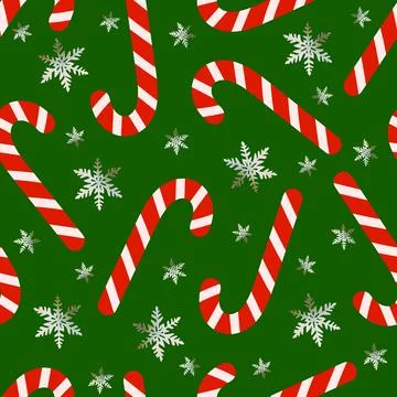 Christmas seamless pattern with candy cane and snowflakes on green Stock Illustration