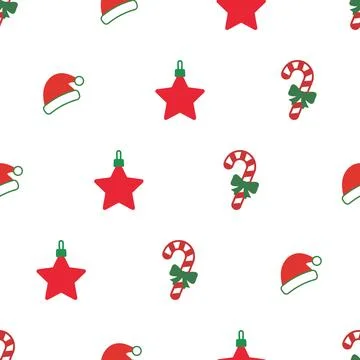 Christmas seamless pattern with candy cane star and santa hat. Stock Illustration