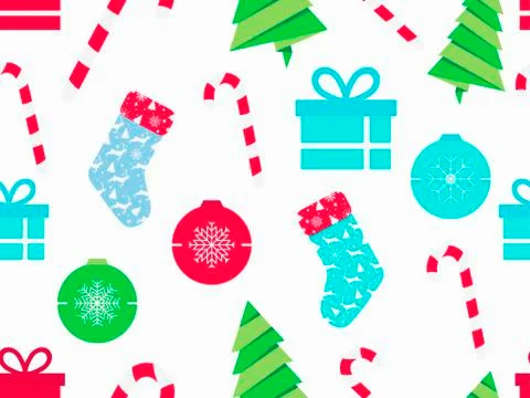 Christmas seamless pattern with  candy canes, christmas socks, gift boxes and Illustrazione stock