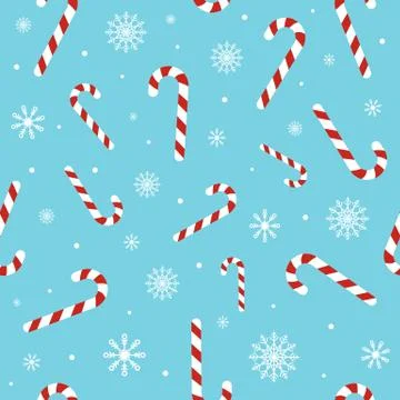 Christmas seamless pattern with candy canes, snowflakes, snow ball on blue ba Stock Illustration