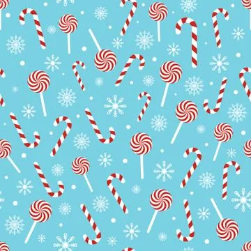 Christmas seamless pattern with candy canes, lollipops, snowflakes, snow ball Stock Illustration