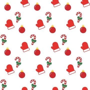 Christmas seamless pattern with candy canes mittens and baubles. Stock Illustration