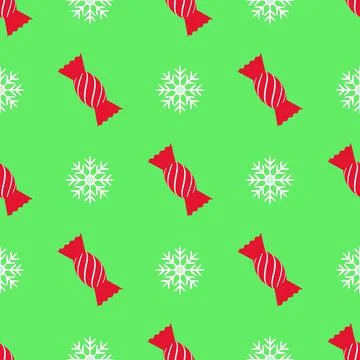 Christmas seamless pattern with candy caramel, white snowflake on green backg Stock Illustration