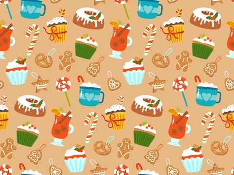 Christmas seamless pattern candy lollipop muffin cookie gingerbread wallpaper Stockillustratie