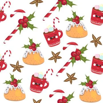Christmas seamless pattern candy, mug, star on white background. Template for Stock Illustration
