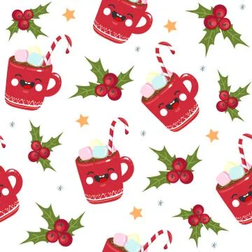 Christmas seamless pattern candy, mug, star on white background. Template for Illustrazione stock