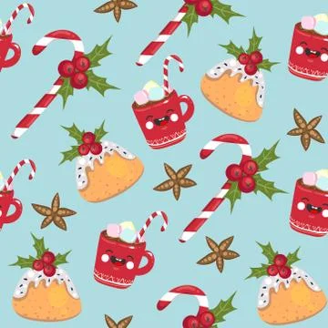 Christmas seamless pattern candy, mug, star on blue background. Template for Stock Illustration