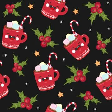Christmas seamless pattern candy, mug, star on black background. Template for Stock Illustration