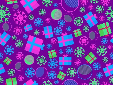 Christmas seamless pattern with Christmas balls, snowflakes, 3d gift boxes. C イラスト素材