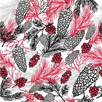 Christmas seamless pattern with christmas cones and plants Stock Illustration