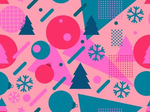 Christmas seamless pattern with Christmas decorations and geometric shapes Stock Illustration