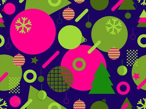 Christmas seamless pattern with Christmas decorations and geometric shapes Stock Illustration