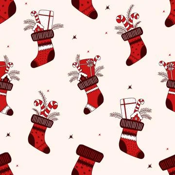 Christmas seamless pattern. Christmas red sock with gifts and chocolates. Vector Stock Illustration