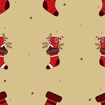 Christmas seamless pattern. Christmas sock with gifts and chocolates. Vector ill Stock Illustration