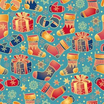 Christmas seamless pattern with Christmas Stocking, mittens, Gift. Vector. Stock Illustration