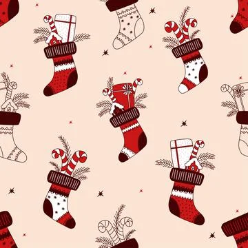 Christmas seamless pattern. Christmas stocking with gifts and chocolates. Vector Stock Illustration