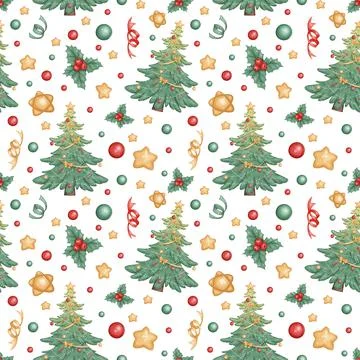 Christmas seamless pattern with Christmas tree and New Year's toys on a white Stock Illustration