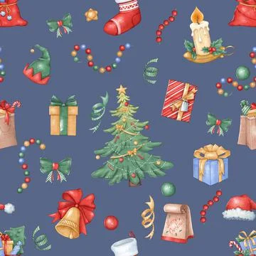 Christmas seamless pattern with Christmas tree, gifts, garland, on a blue bac Stock Illustration