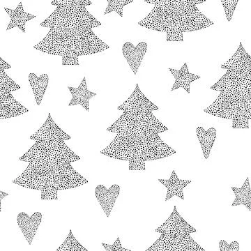 Christmas seamless pattern with Christmas tree, stars and hearts. Stock Illustration